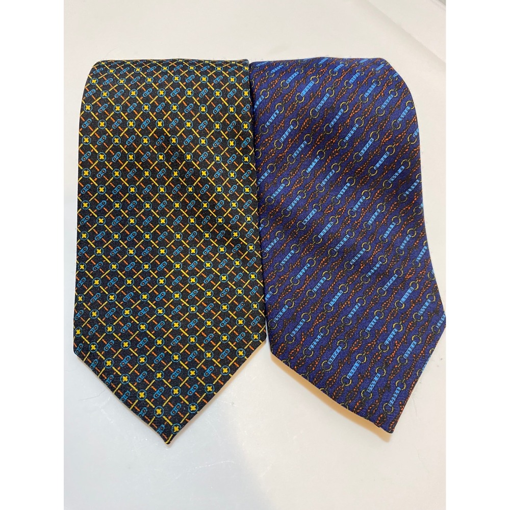 Vip Hoby Mens Silk Necktie Set of 2 Blue Black Geometric Chain Link Formal Ties‎